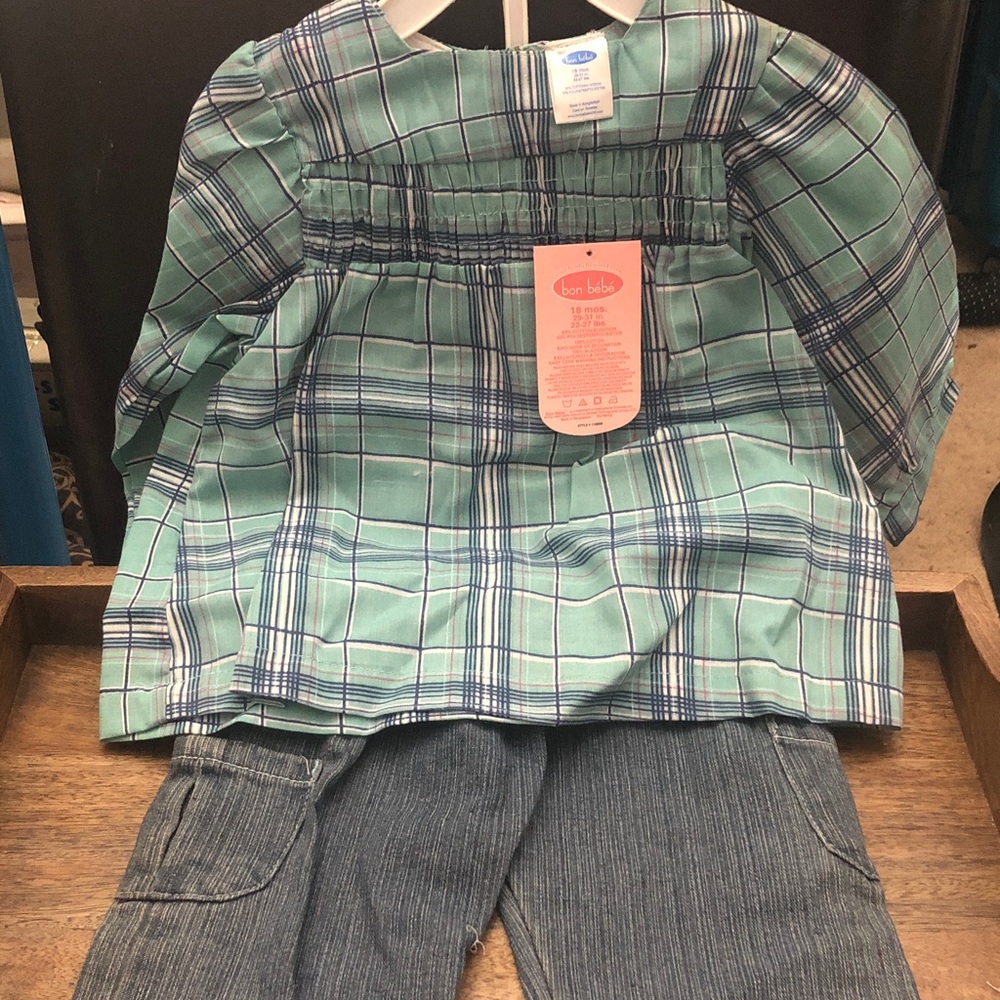 Bon Bebe Mint & Navy Plaid Smocked Baby Blouse with denim pants
